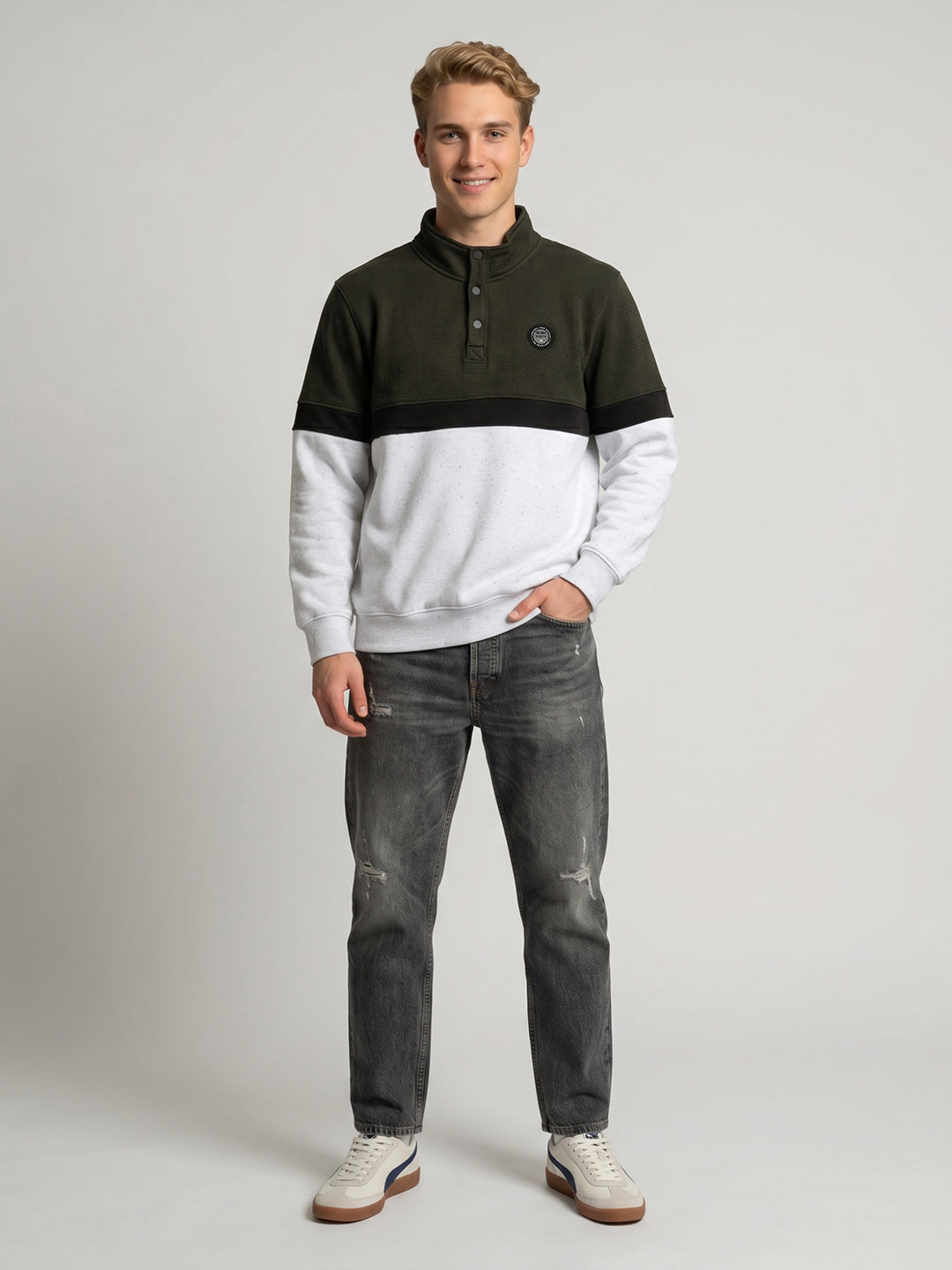 Men Olive Self Design Turtle Neck Full Sleeve Sweatshirt