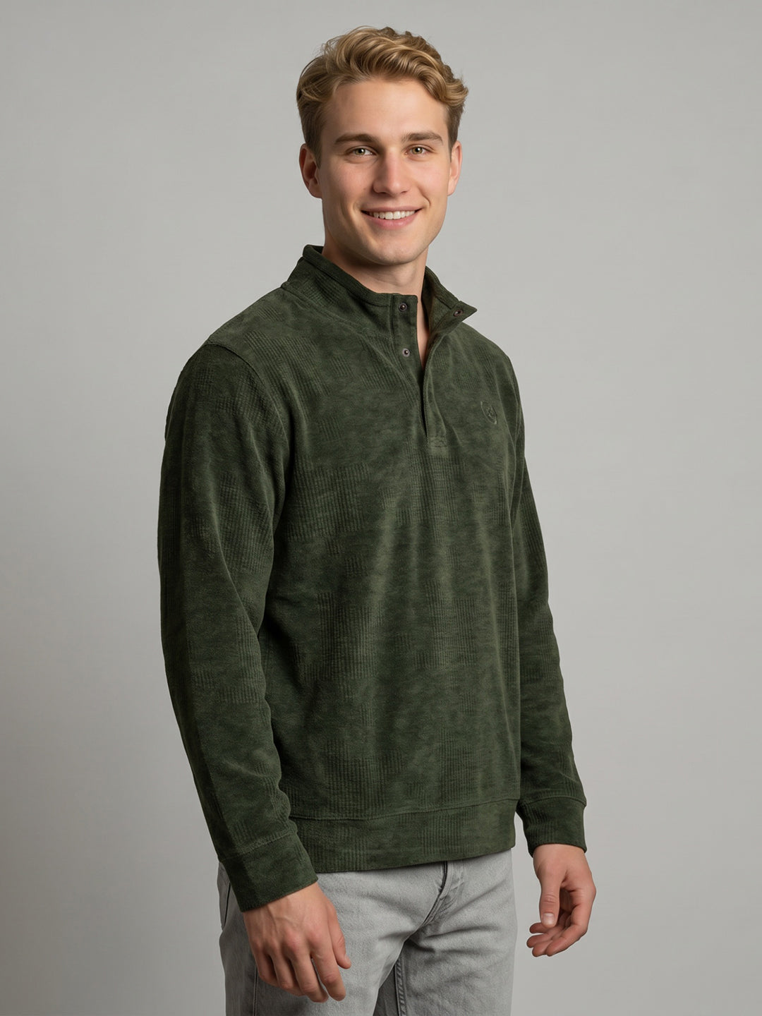 Men Green Self Design Mock Neck Full Sleeve Sweatshirt