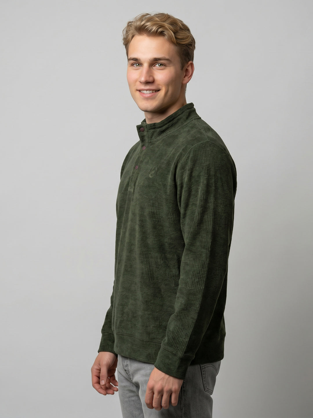 Men Green Self Design Mock Neck Full Sleeve Sweatshirt