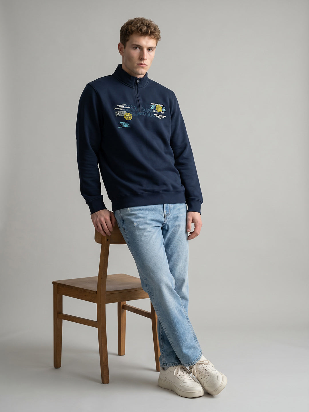 Men Blue Printed Turtle Neck Full Sleeve Sweatshirt
