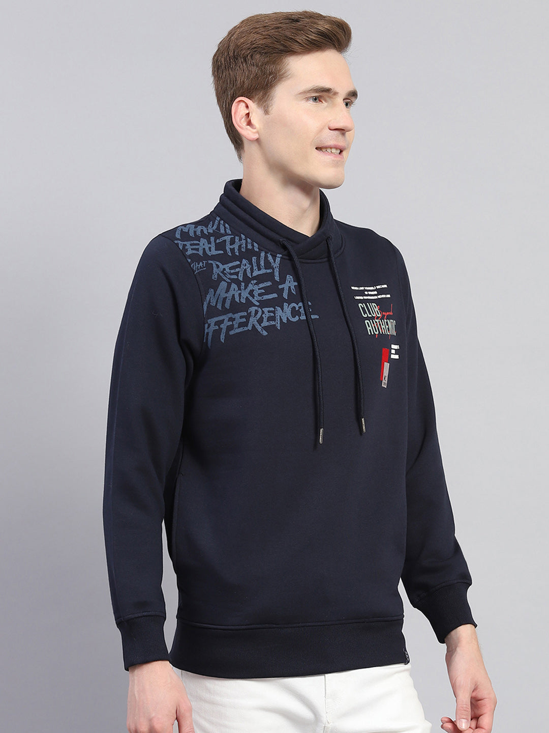 Men Blue Printed Fashion Neck Full Sleeve Sweatshirt