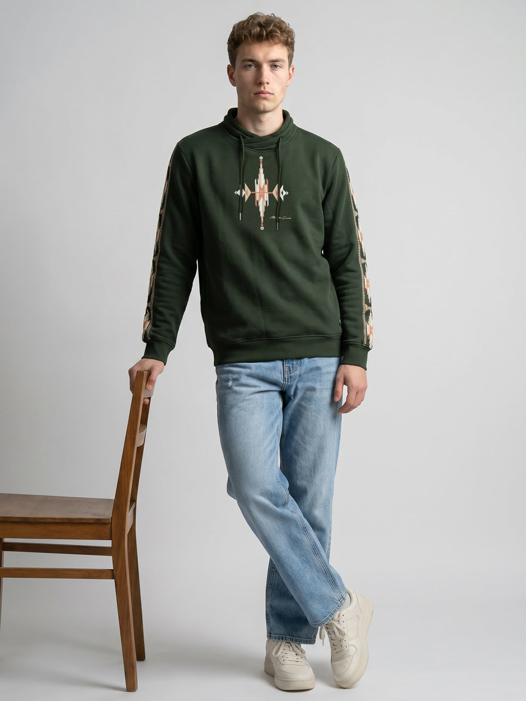 Men Olive Printed Overlap Neck Full Sleeve Sweatshirt