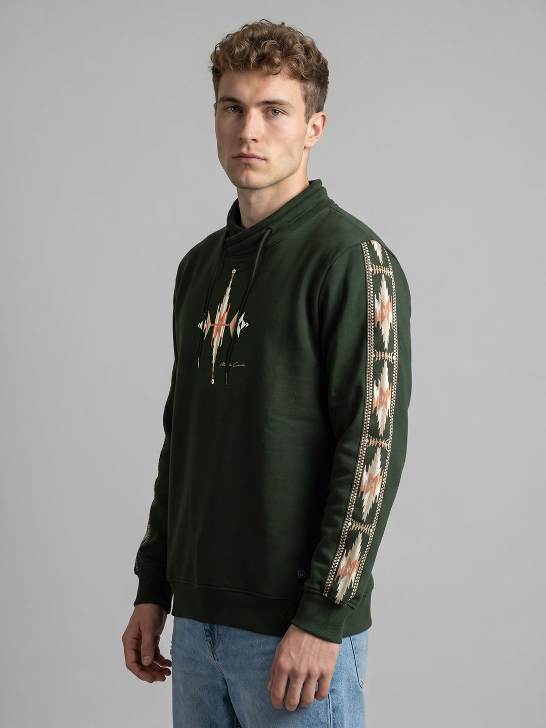 Men Olive Printed Overlap Neck Full Sleeve Sweatshirt