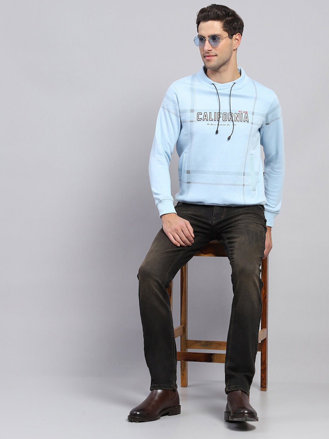 Men Sky Blue Printed Fashion Neck Full Sleeve Sweatshirt