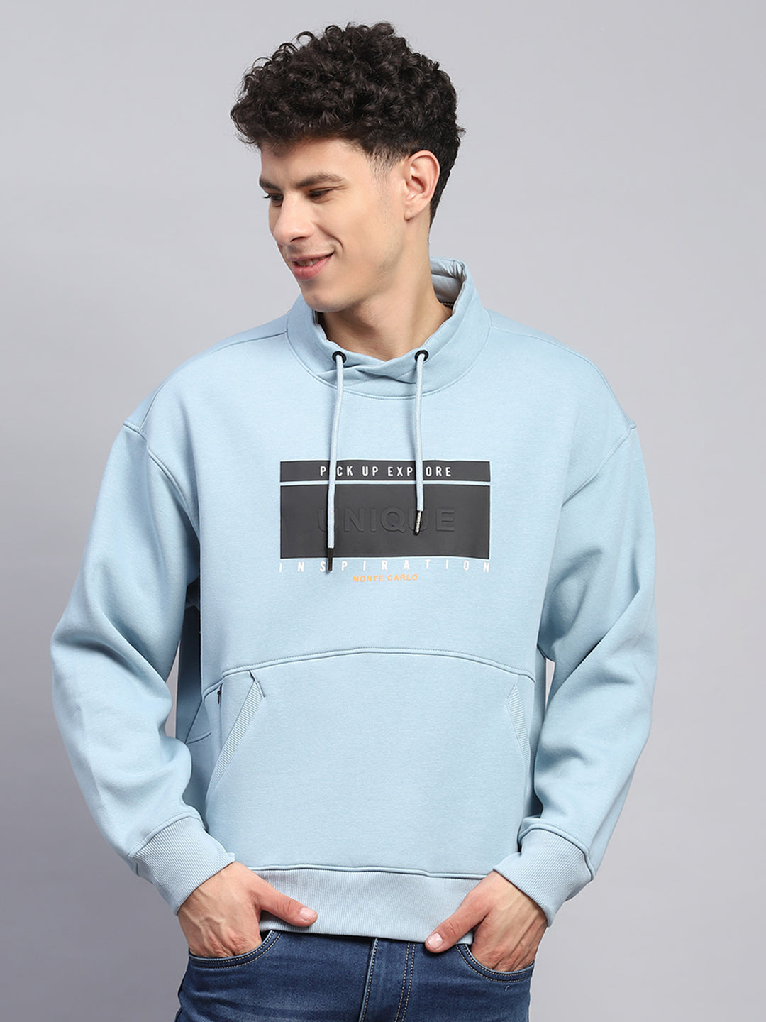 Men Blue Printed Mock Neck Full Sleeve Sweatshirt