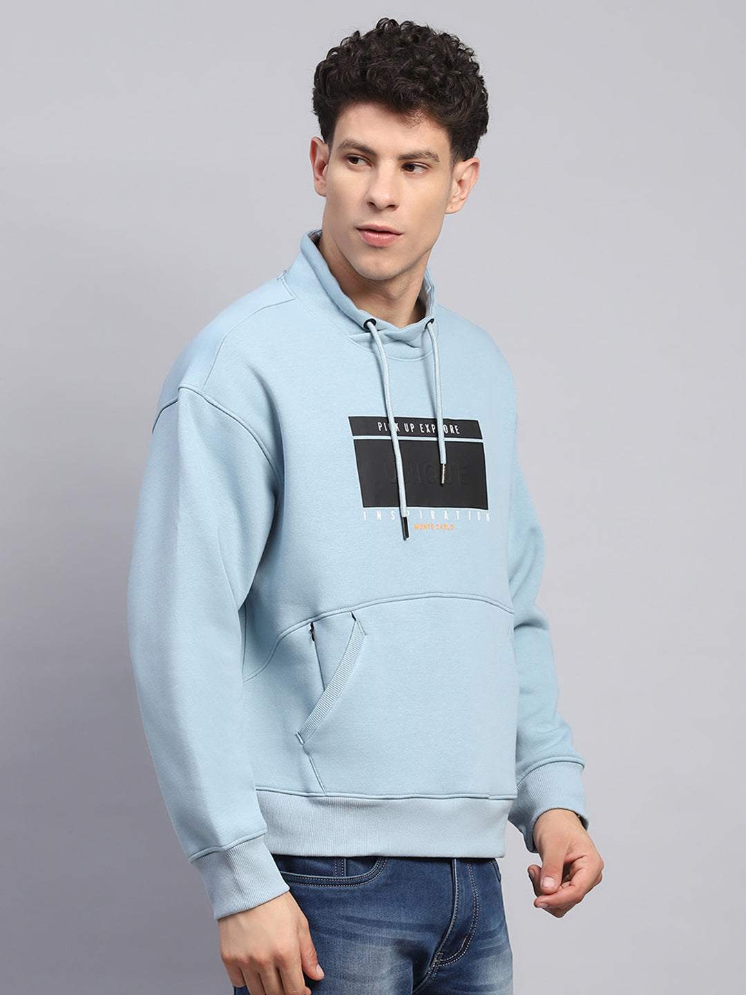Men Blue Printed Mock Neck Full Sleeve Sweatshirt