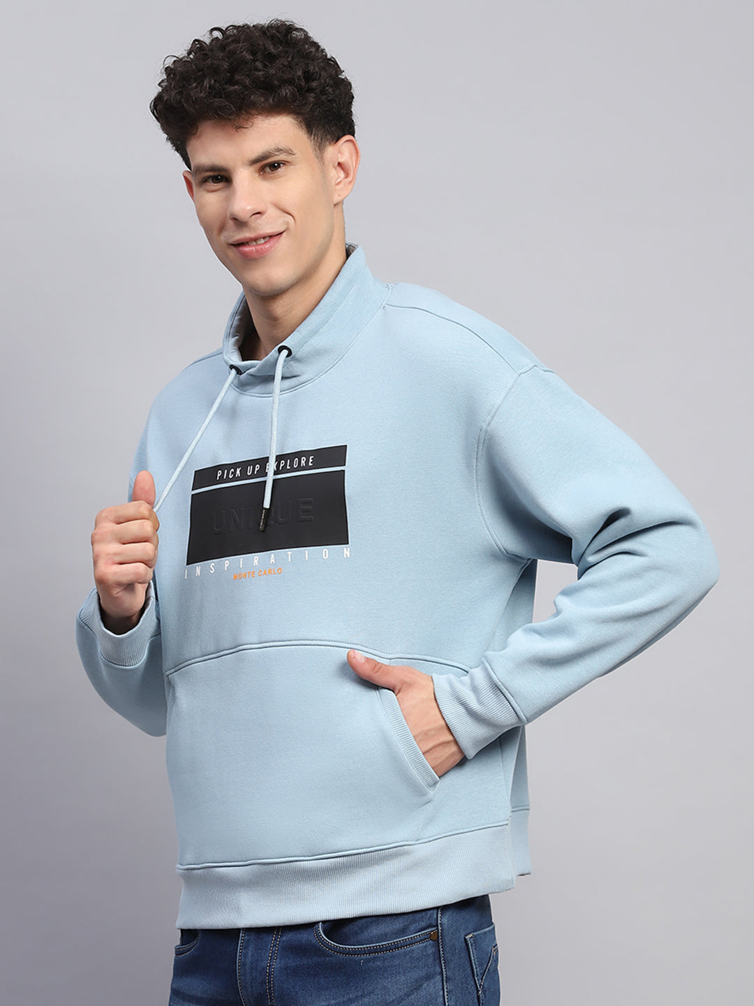 Men Blue Printed Mock Neck Full Sleeve Sweatshirt