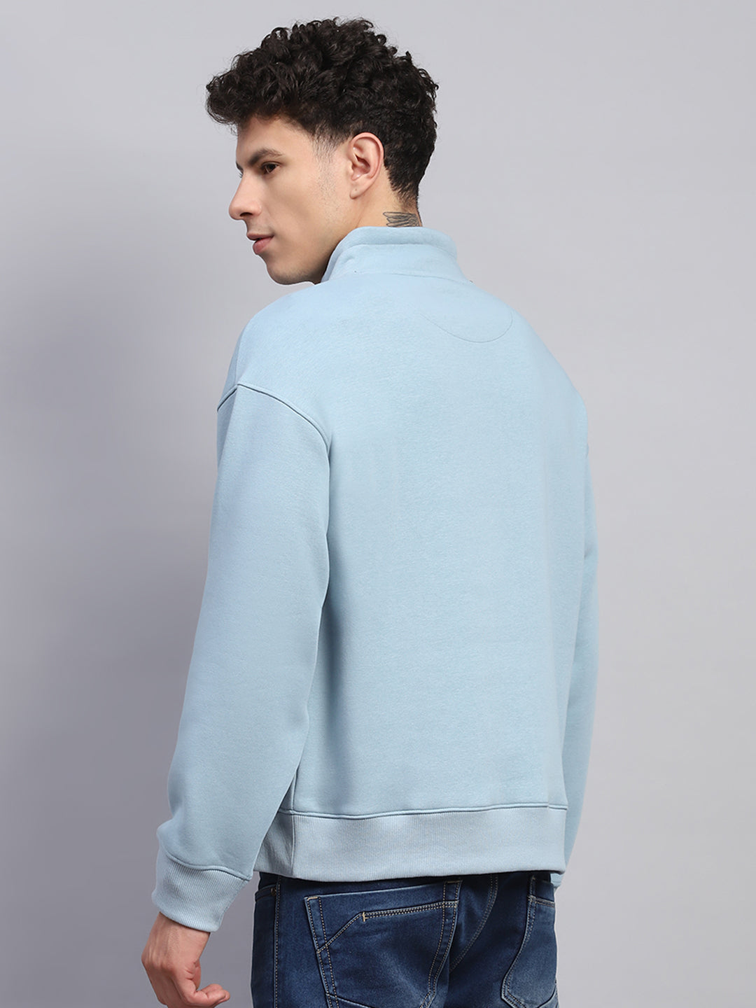 Men Blue Printed Mock Neck Full Sleeve Sweatshirt