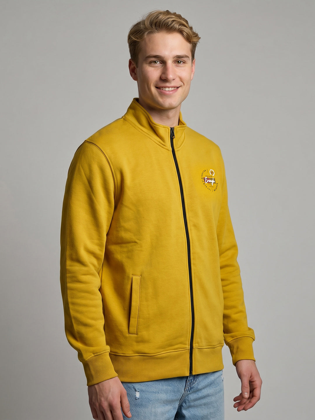 Men Yellow Solid Mock Neck Full Sleeve Sweatshirt
