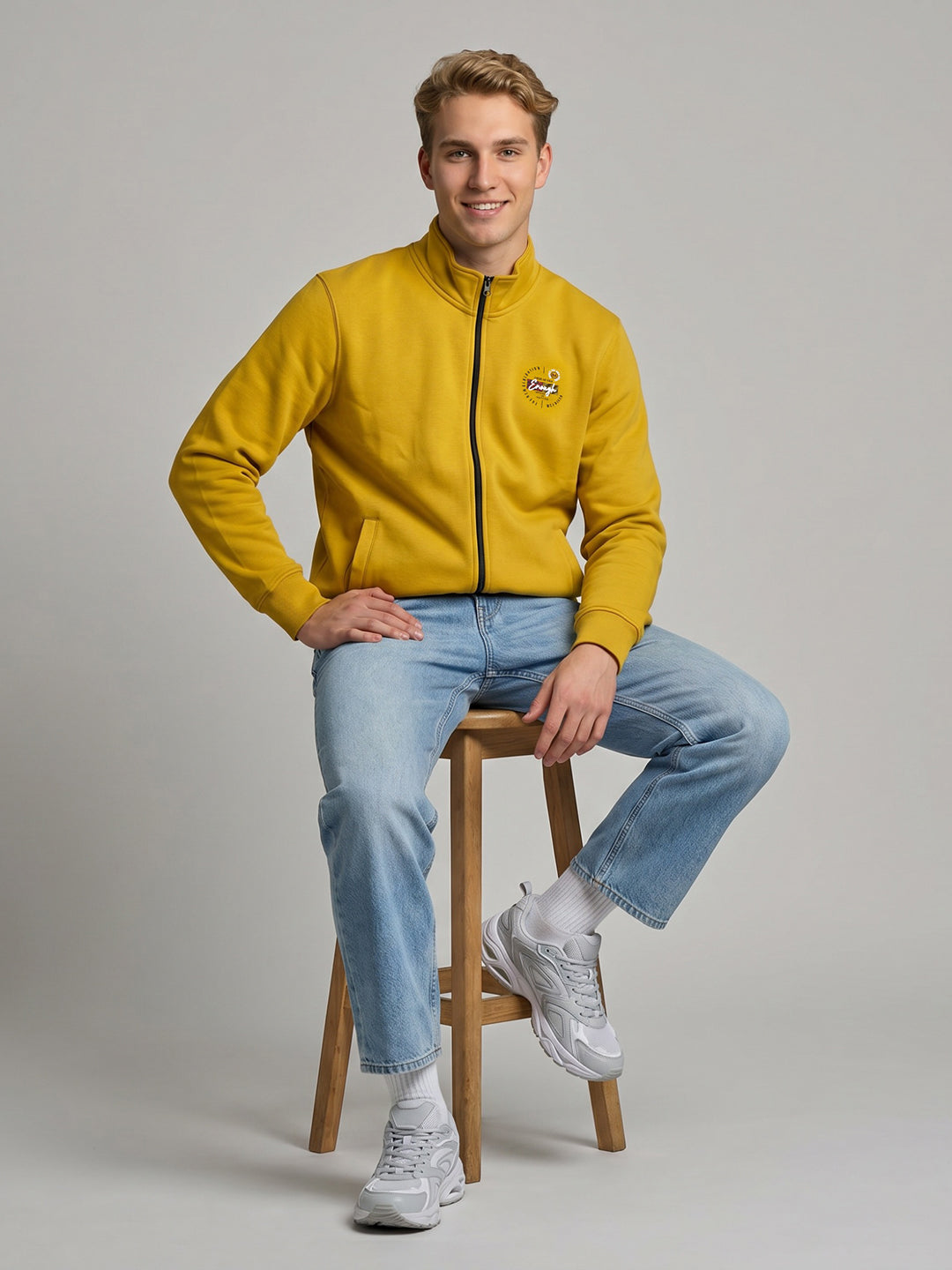 Men Yellow Solid Mock Neck Full Sleeve Sweatshirt