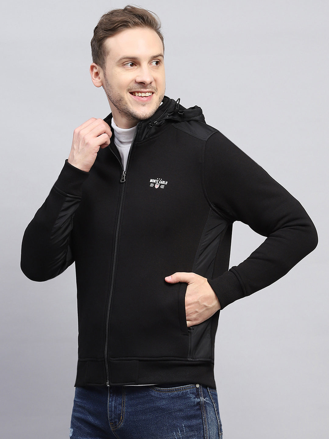 Men Black Solid Detachable Hood Full Sleeve Sweatshirt