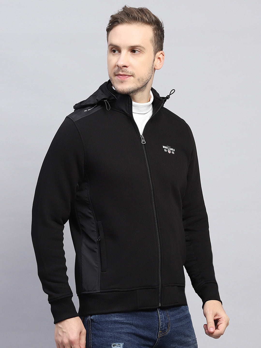 Men Black Solid Detachable Hood Full Sleeve Sweatshirt
