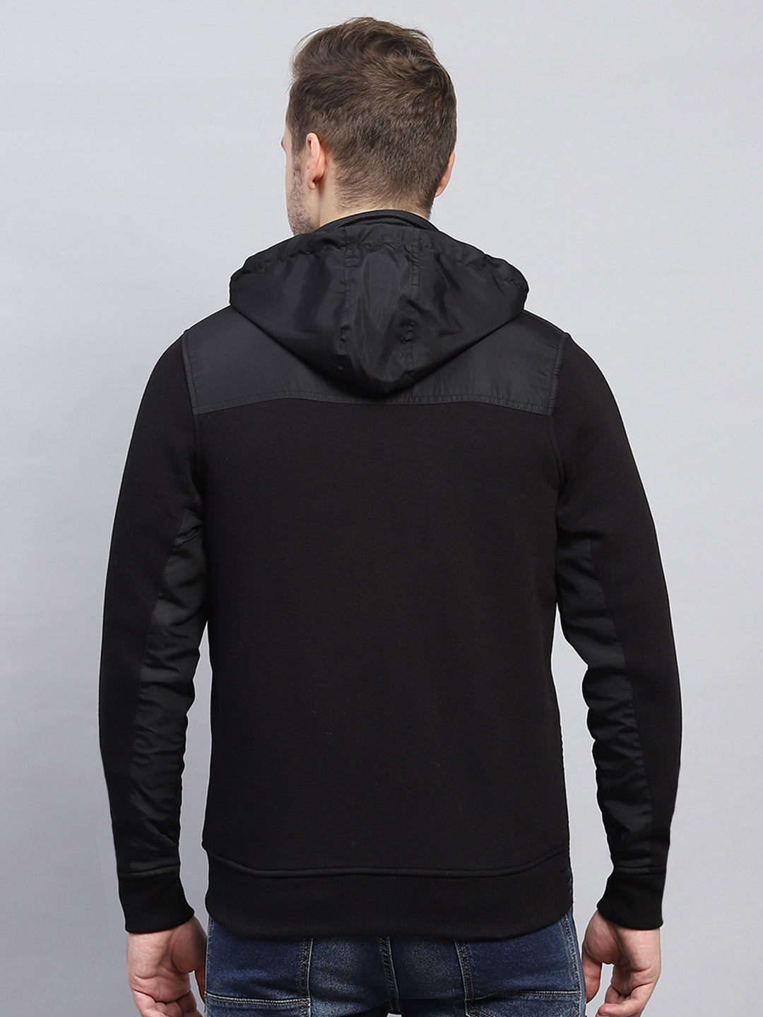 Men Black Solid Detachable Hood Full Sleeve Sweatshirt