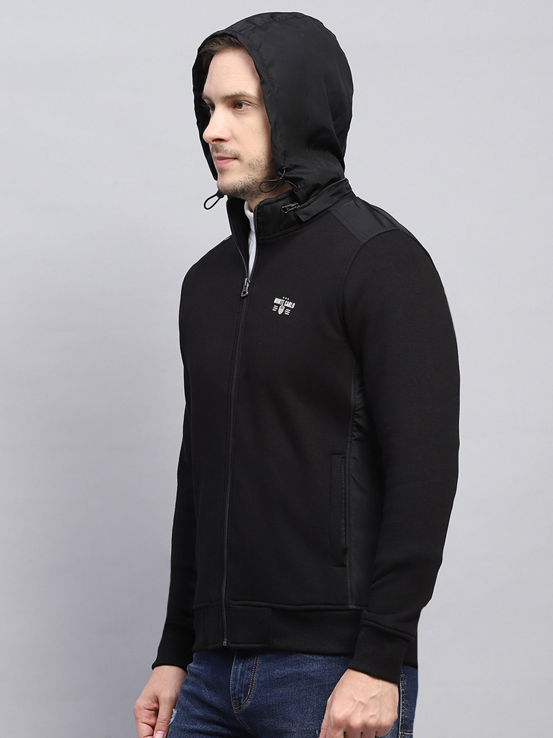 Men Black Solid Detachable Hood Full Sleeve Sweatshirt