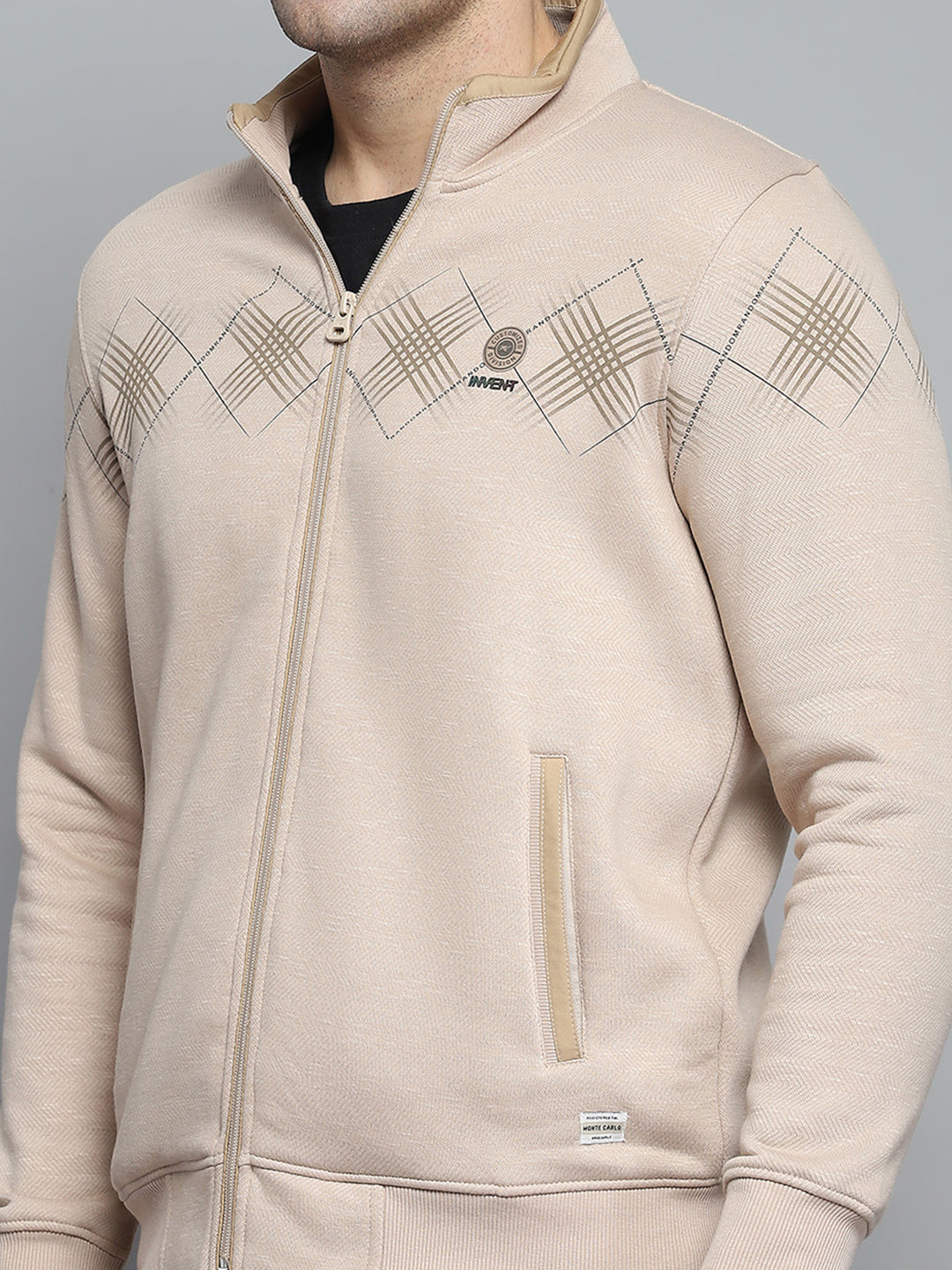 Men Beige Printed Turtle Neck Full Sleeve Sweatshirt