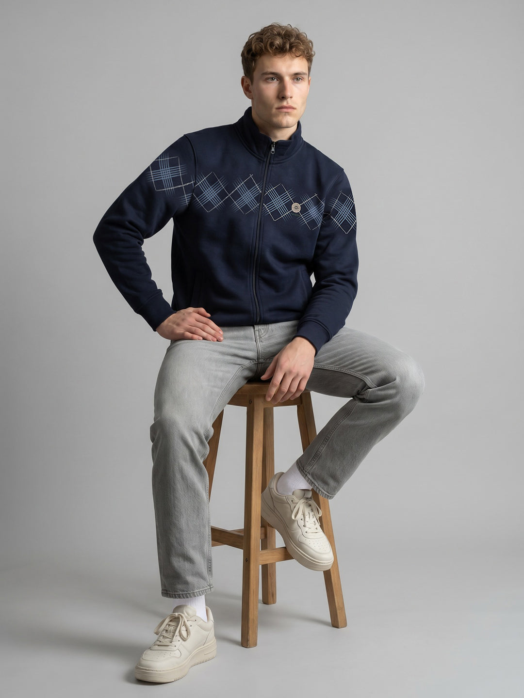 Men Blue Printed Stand Collar Full Sleeve Sweatshirt