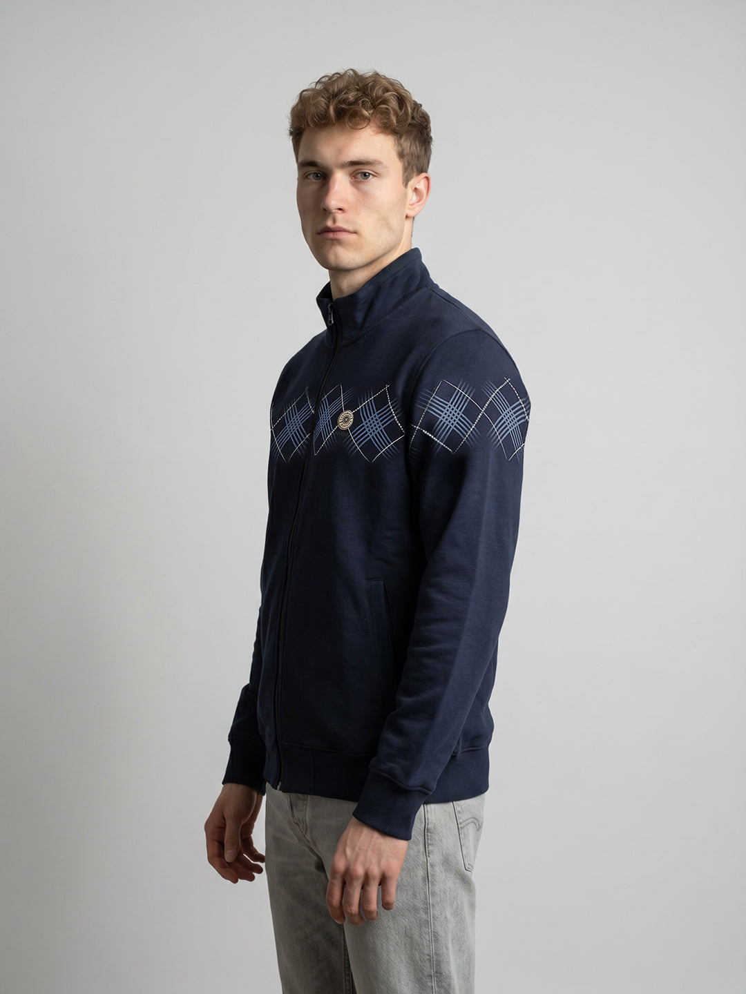 Men Blue Printed Stand Collar Full Sleeve Sweatshirt