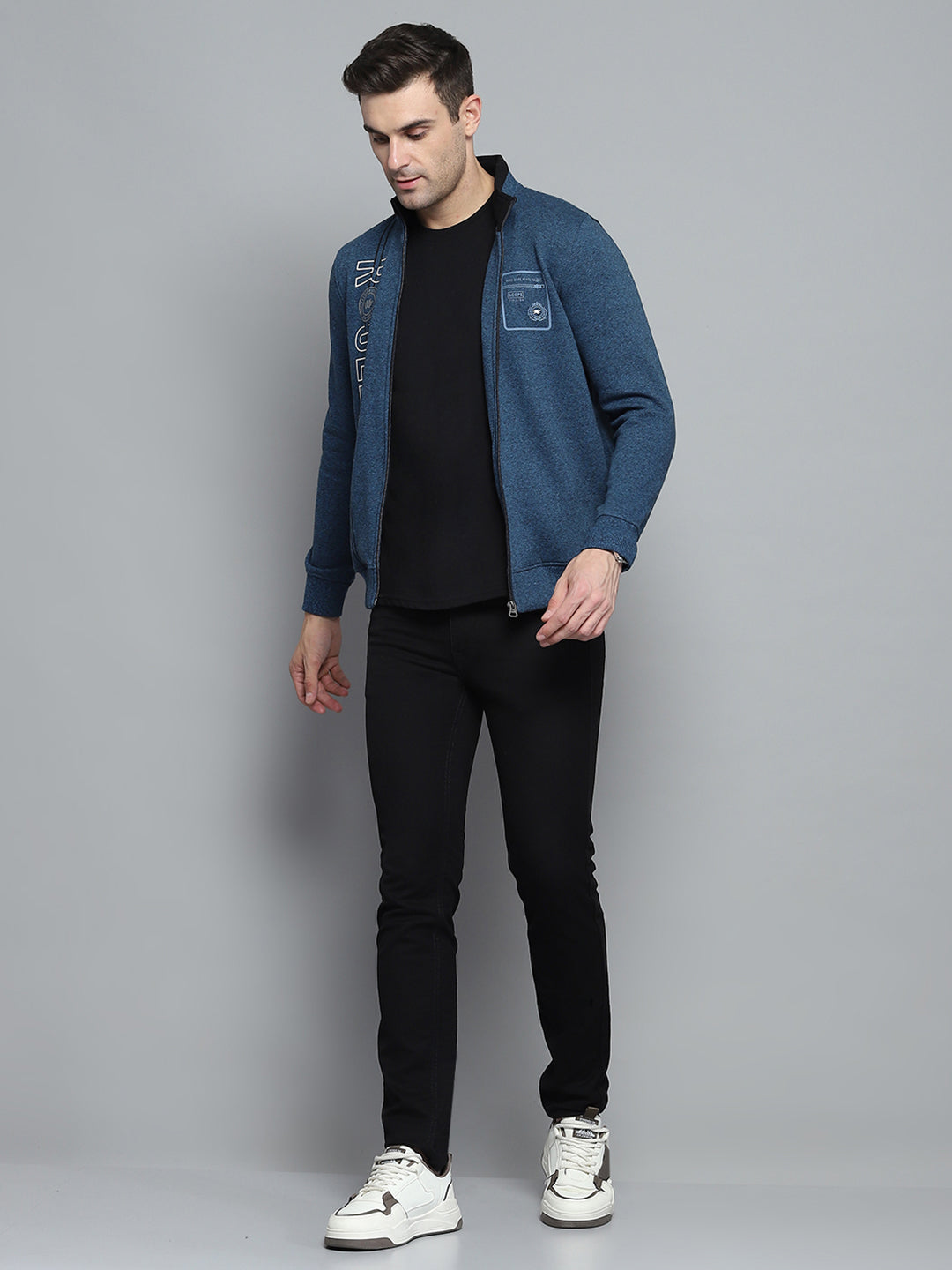 Men Blue Printed Turtle Neck Full Sleeve Sweatshirt