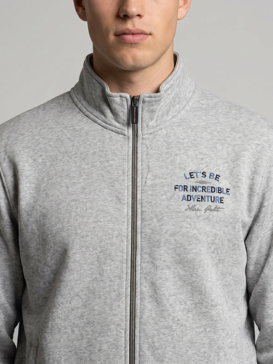 Men Grey Back Printed Collar Full Sleeve Sweatshirt