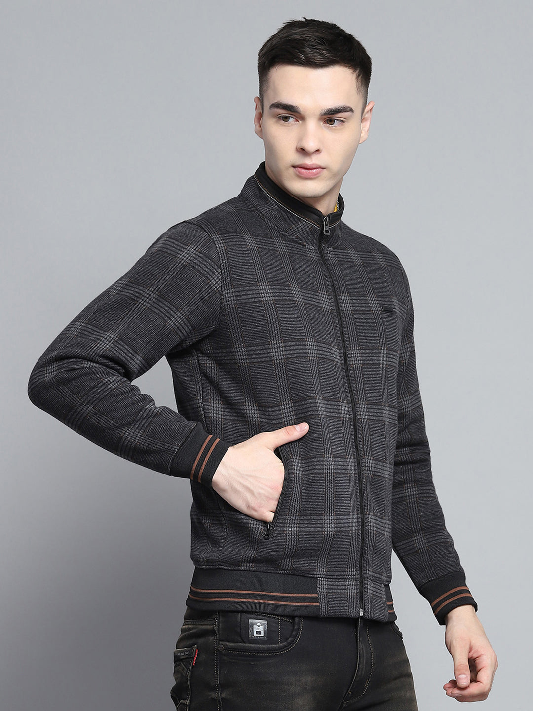 Men Black Self Design Mock Neck Full Sleeve Sweatshirt