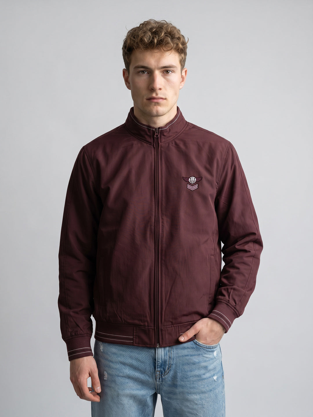 Men Maroon Solid Turtle Neck Full Sleeve Bomber Jacket