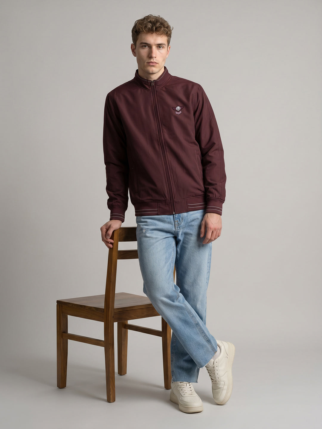 Men Maroon Solid Turtle Neck Full Sleeve Bomber Jacket