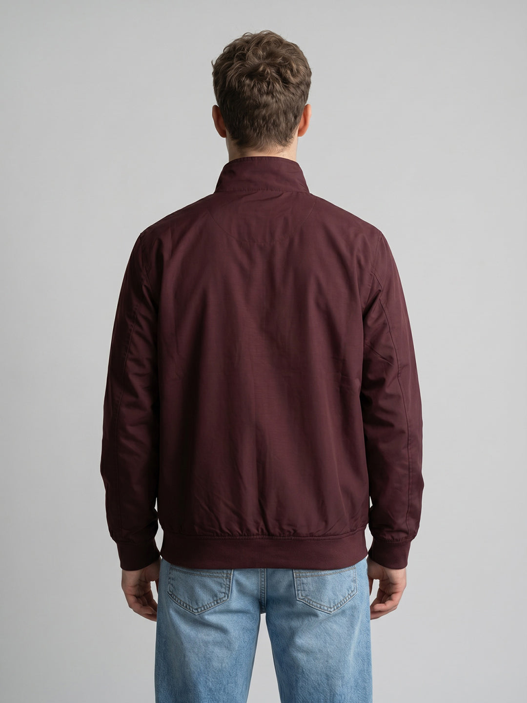 Men Maroon Solid Turtle Neck Full Sleeve Bomber Jacket