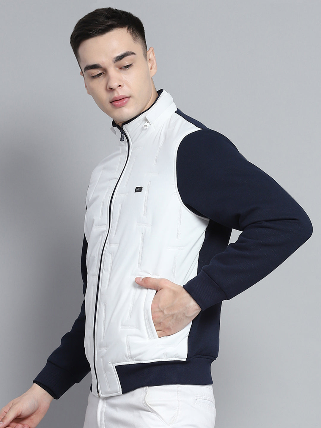 Men Navy Blue & White Solid Detachable Hood Full Sleeve Sweatshirt