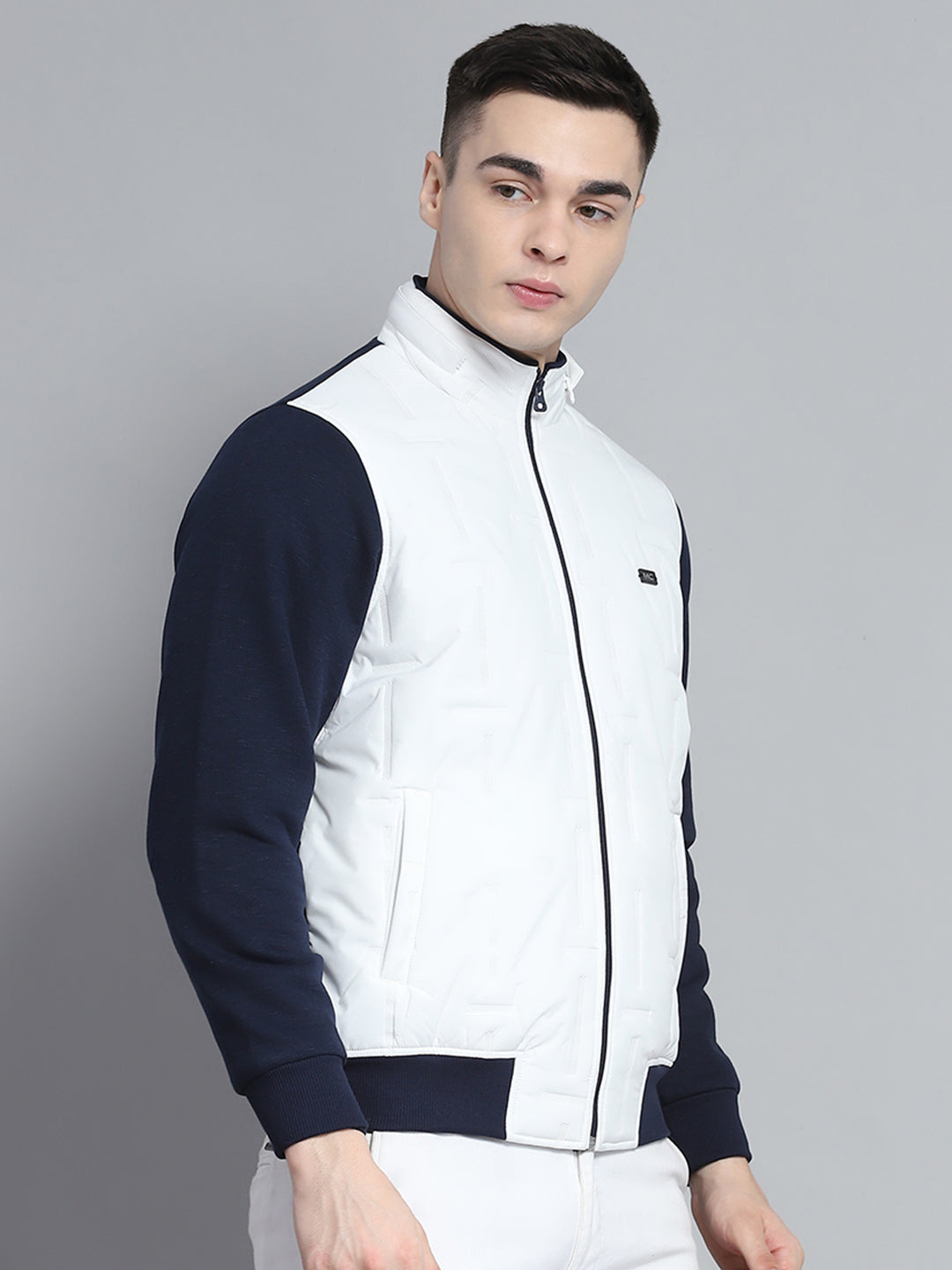 Men Navy Blue & White Solid Detachable Hood Full Sleeve Sweatshirt