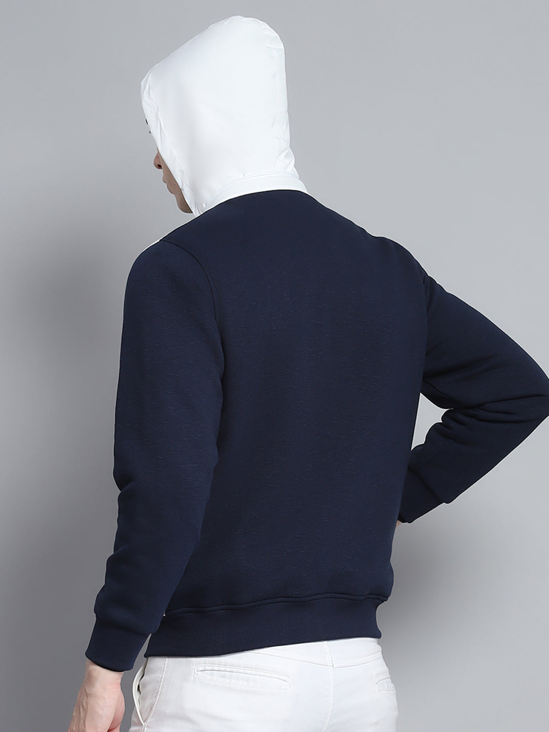 Men Navy Blue & White Solid Detachable Hood Full Sleeve Sweatshirt