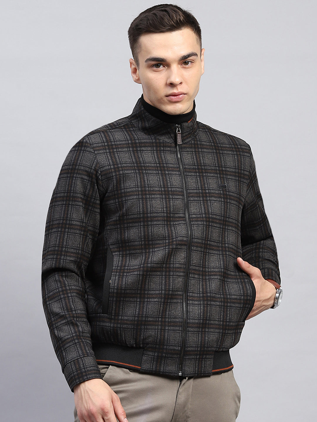 Men Black Check Mock Neck Full Sleeve Knitted Jacket