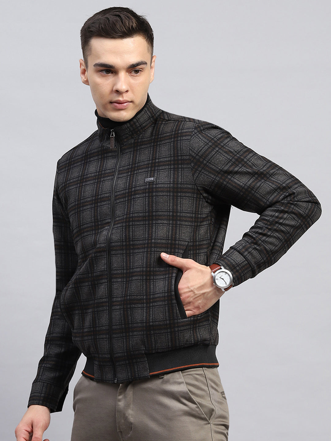 Men Black Check Mock Neck Full Sleeve Knitted Jacket