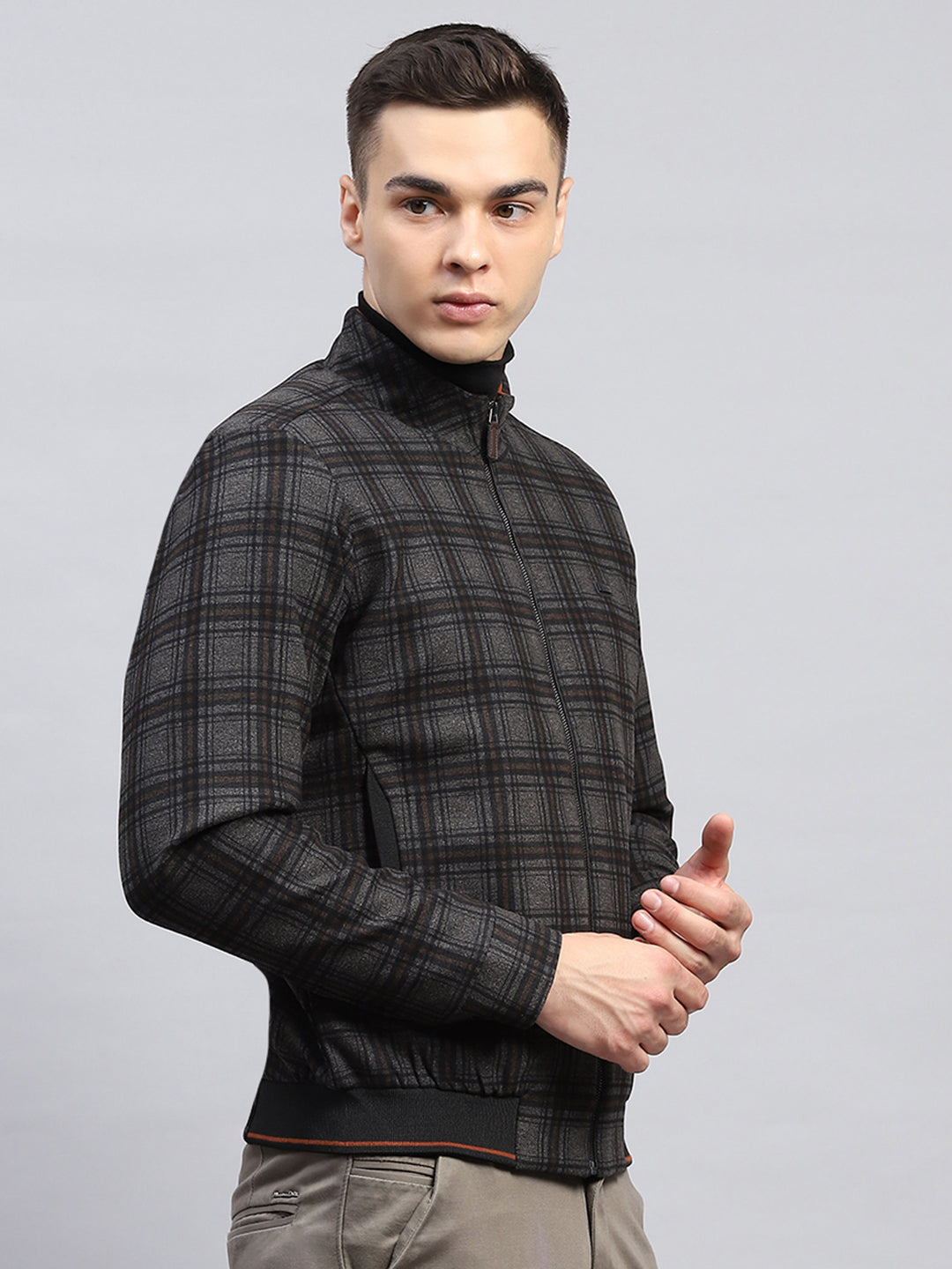Men Black Check Mock Neck Full Sleeve Knitted Jacket