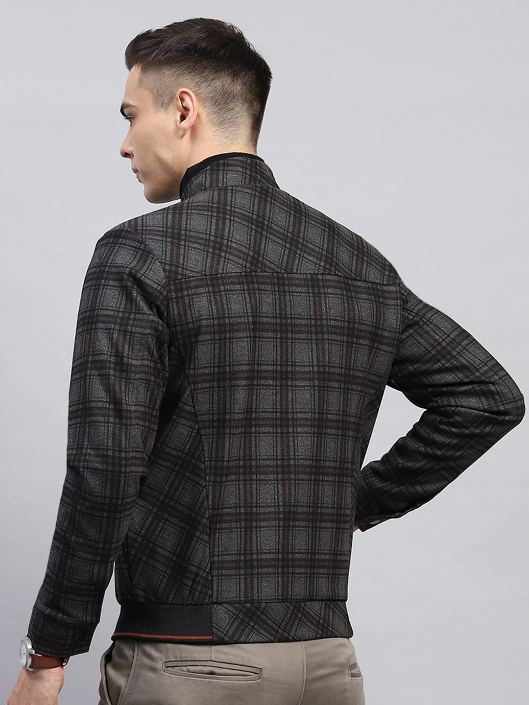 Men Black Check Mock Neck Full Sleeve Knitted Jacket