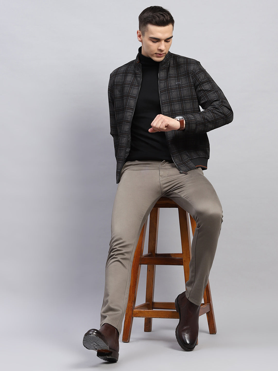 Men Black Check Mock Neck Full Sleeve Knitted Jacket