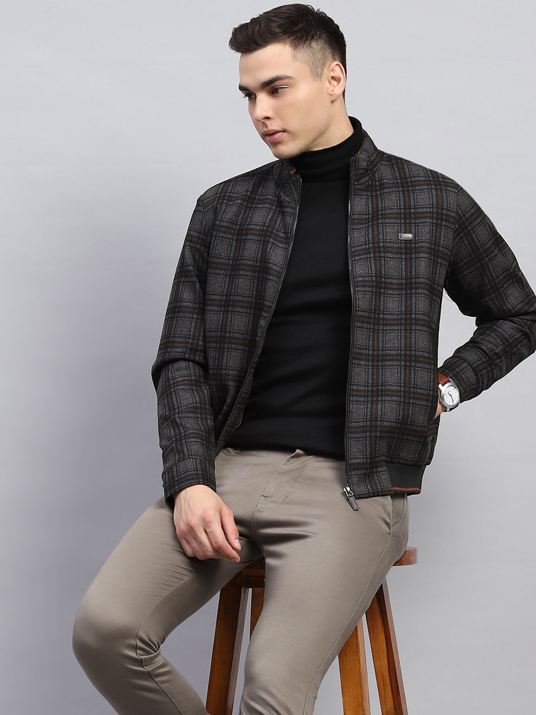 Men Black Check Mock Neck Full Sleeve Knitted Jacket