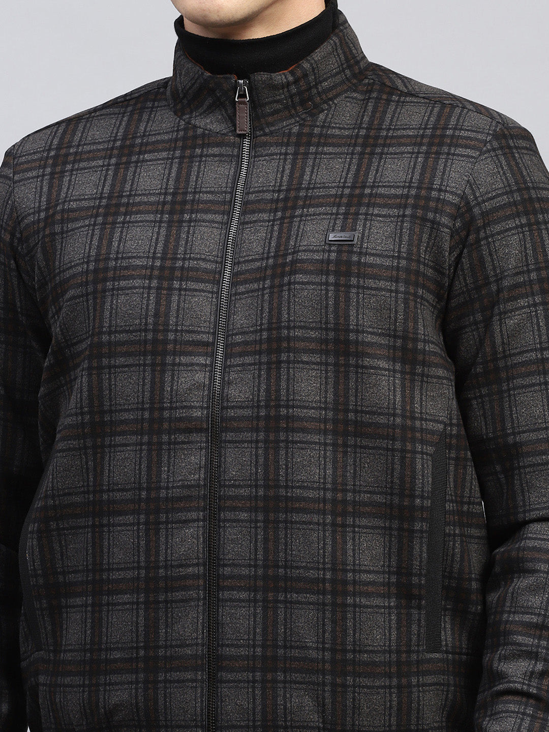 Men Black Check Mock Neck Full Sleeve Knitted Jacket