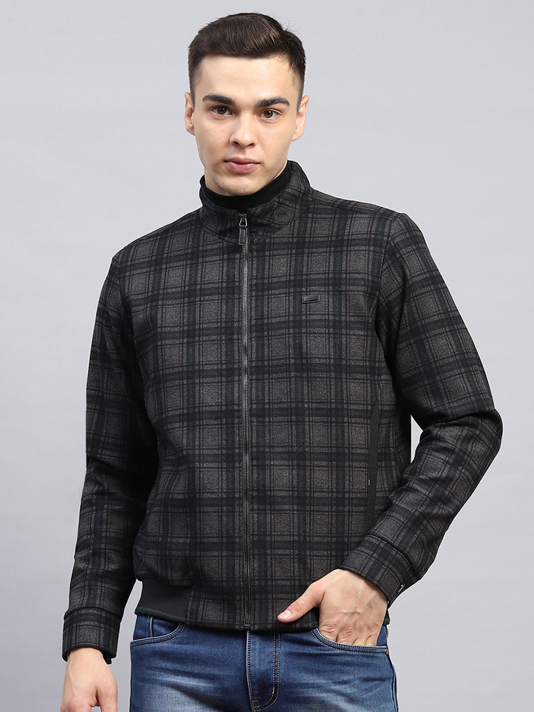 Men Black Check Mock Neck Full Sleeve Knitted Jacket