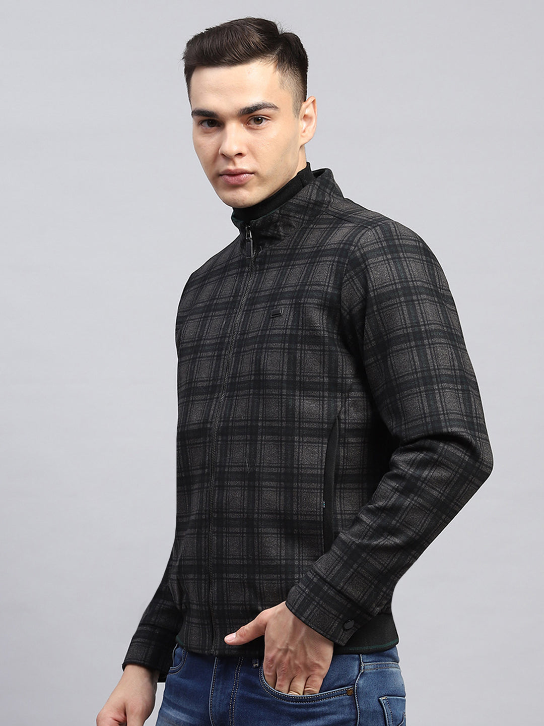 Men Black Check Mock Neck Full Sleeve Knitted Jacket