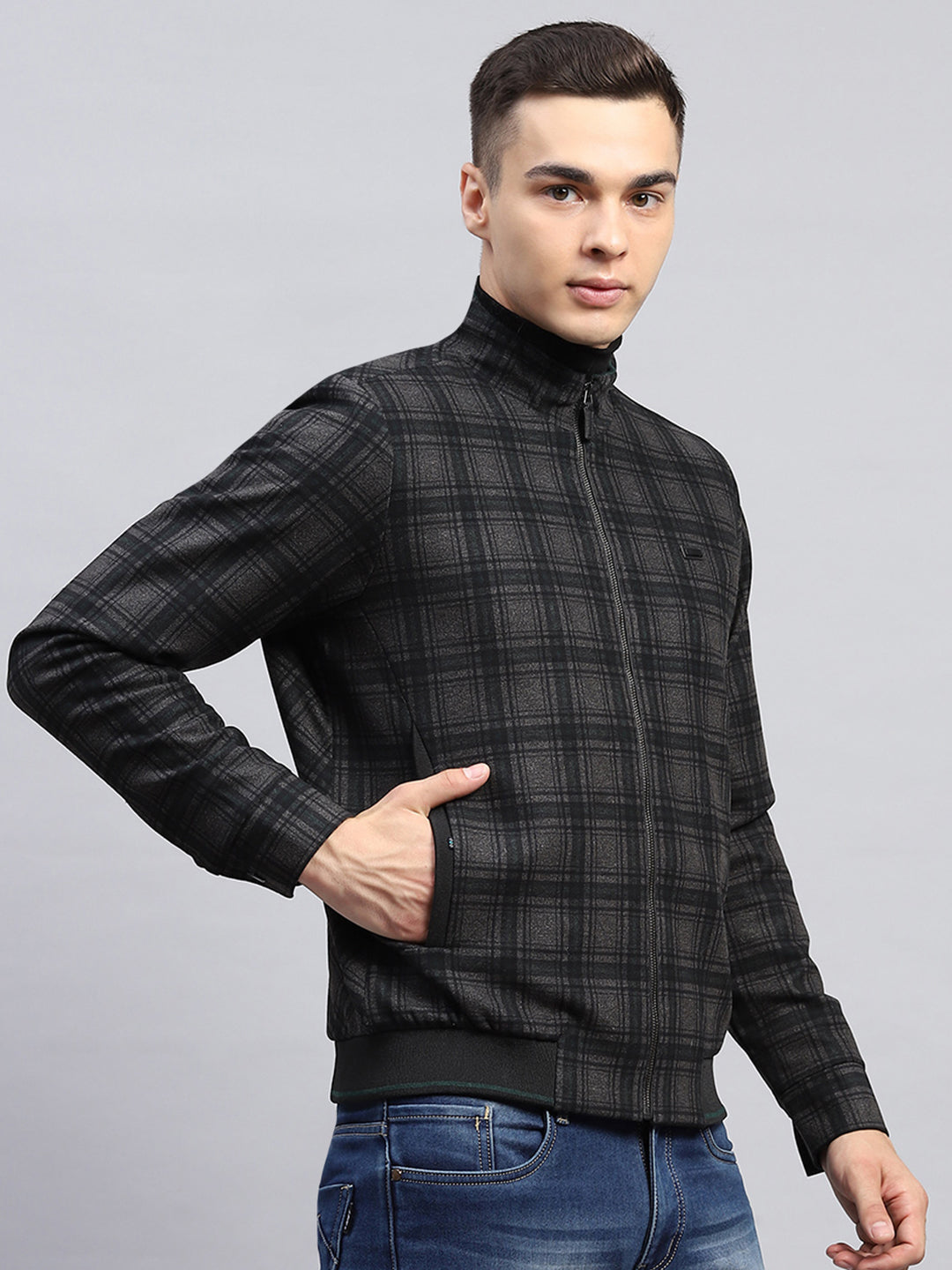 Men Black Check Mock Neck Full Sleeve Knitted Jacket