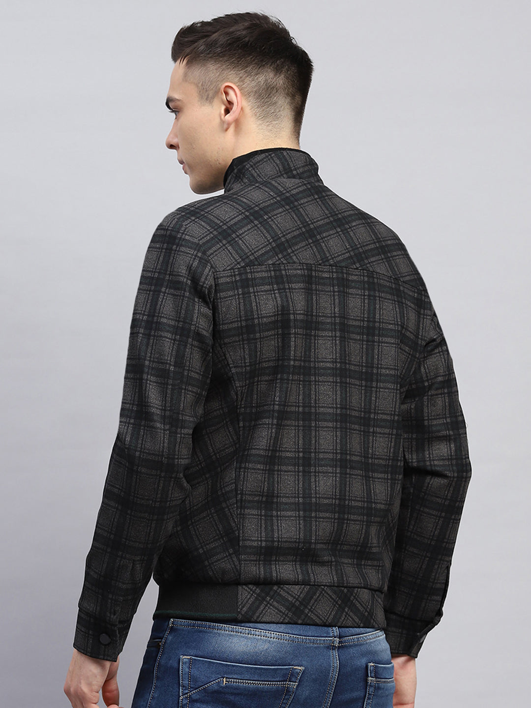 Men Black Check Mock Neck Full Sleeve Knitted Jacket