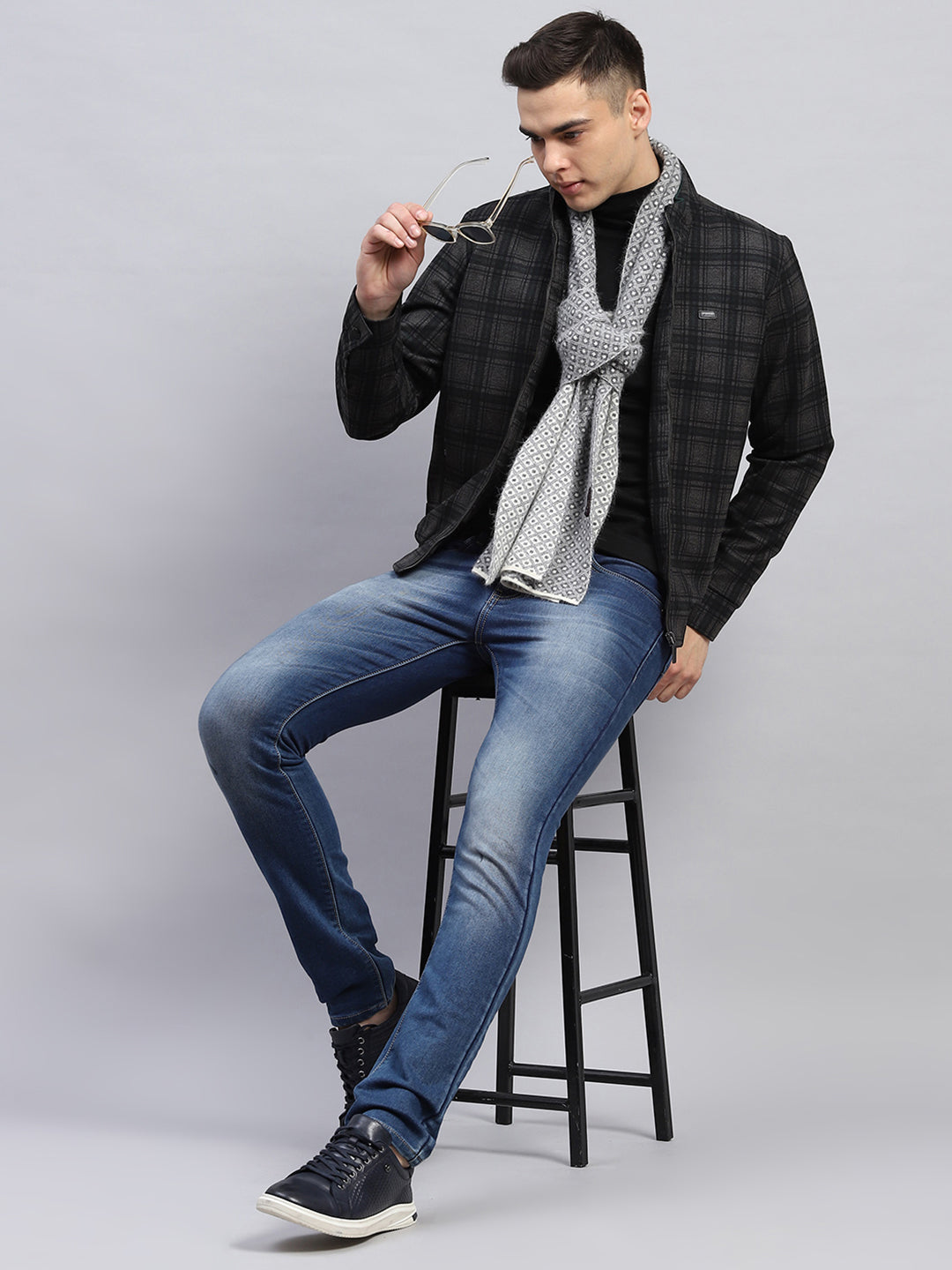 Men Black Check Mock Neck Full Sleeve Knitted Jacket
