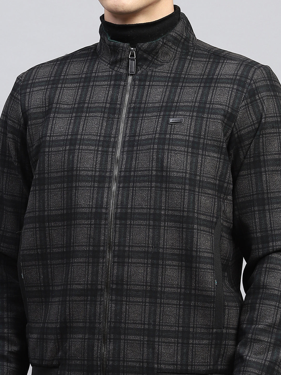 Men Black Check Mock Neck Full Sleeve Knitted Jacket