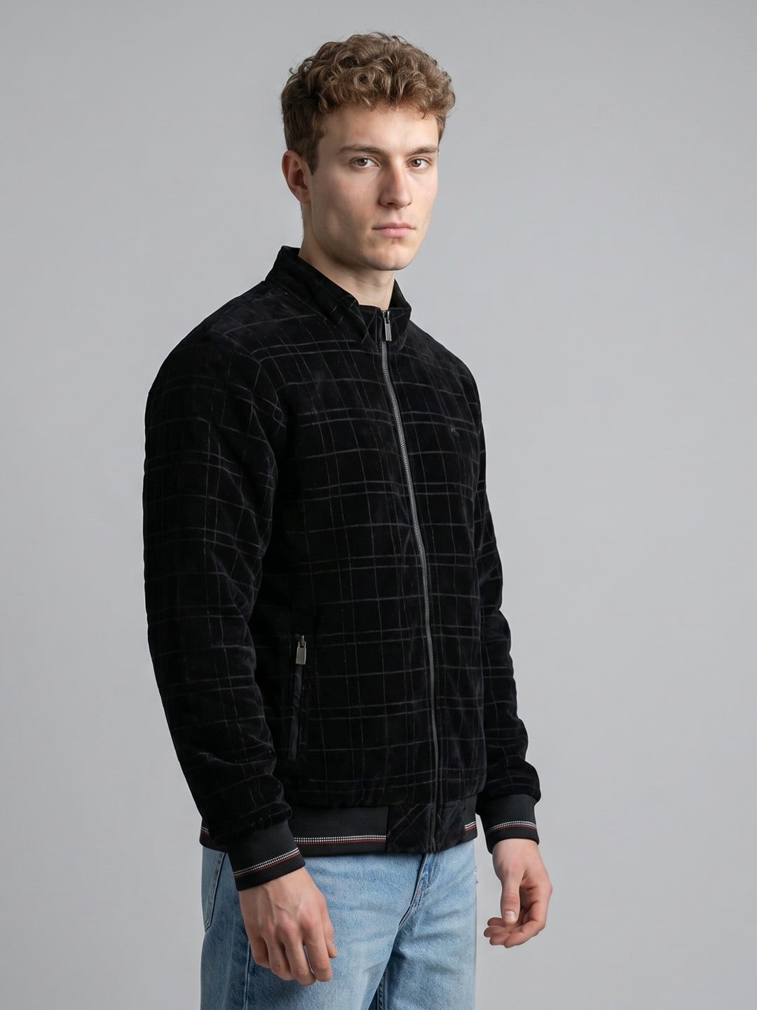 Men Black Check Hooded Full Sleeve Jacket