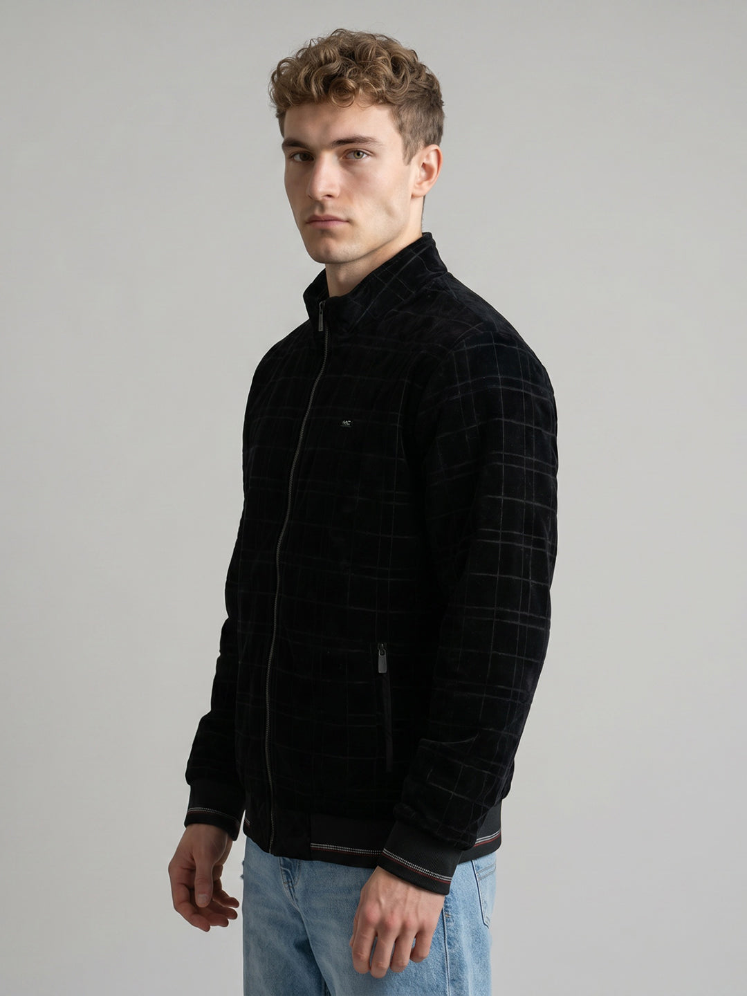 Men Black Check Hooded Full Sleeve Jacket