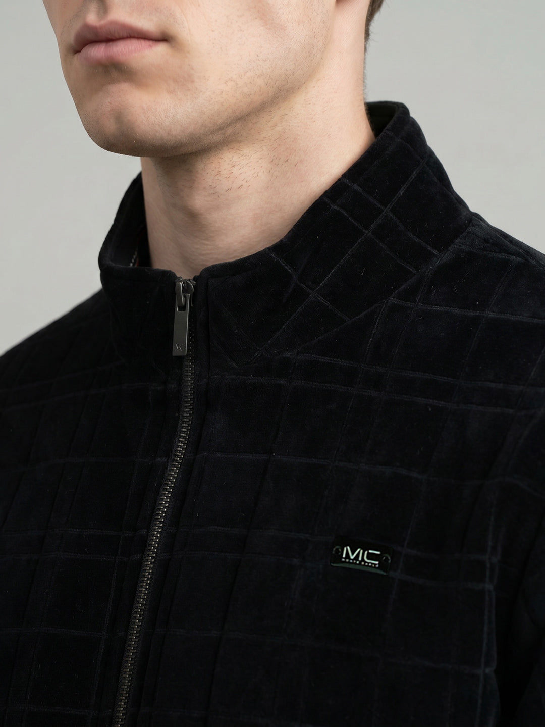 Men Black Check Hooded Full Sleeve Jacket