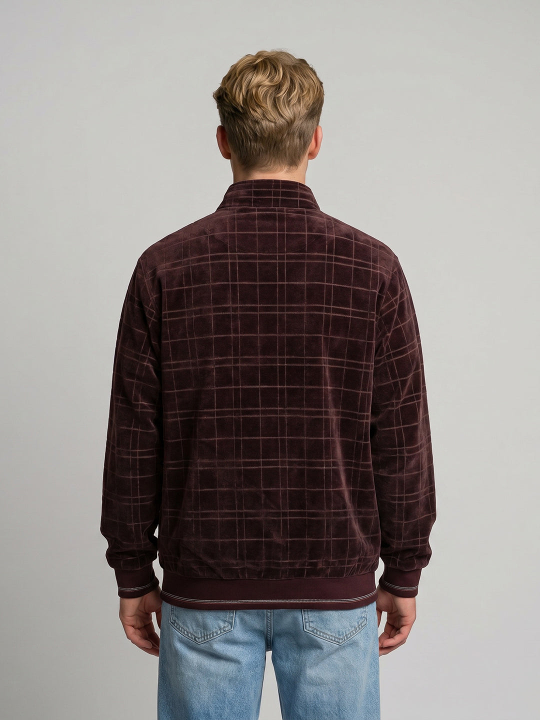 Men Maroon Check Hooded Full Sleeve Knitted Jacket