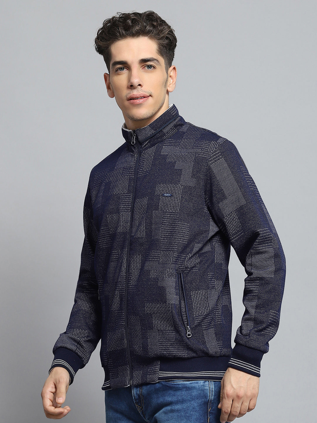 Men Off White Printed Mock Neck Full Sleeve Knitted Reversible Jacket