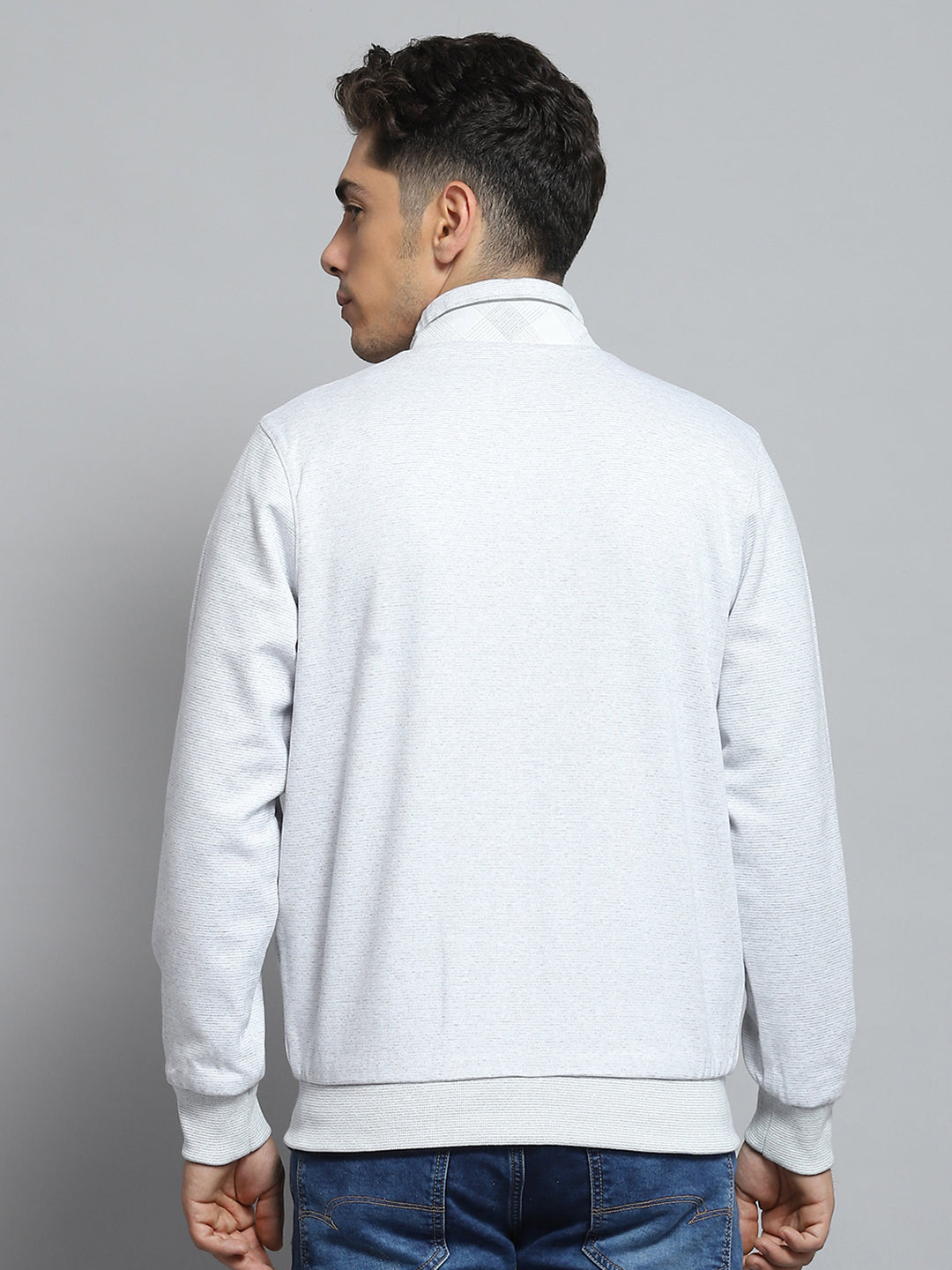 Men Off White Printed Mock Neck Full Sleeve Knitted Reversible Jacket