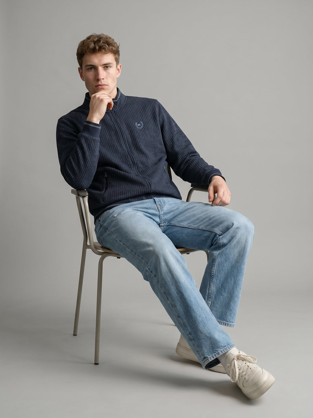 Men Navy Blue Jacquard Collar Full Sleeve Reversible Knitted Jacket